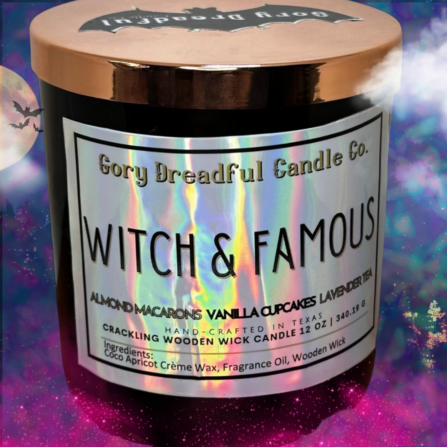 Witch & Famous Crackling Wooden Wick Candle: Almond Macarons Vanilla Cake Lavender Tea Scent