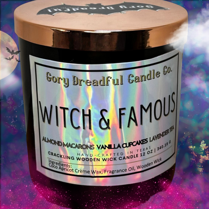 Witch & Famous Crackling Wooden Wick Candle: Almond Macarons Vanilla Cake Lavender Tea Scent
