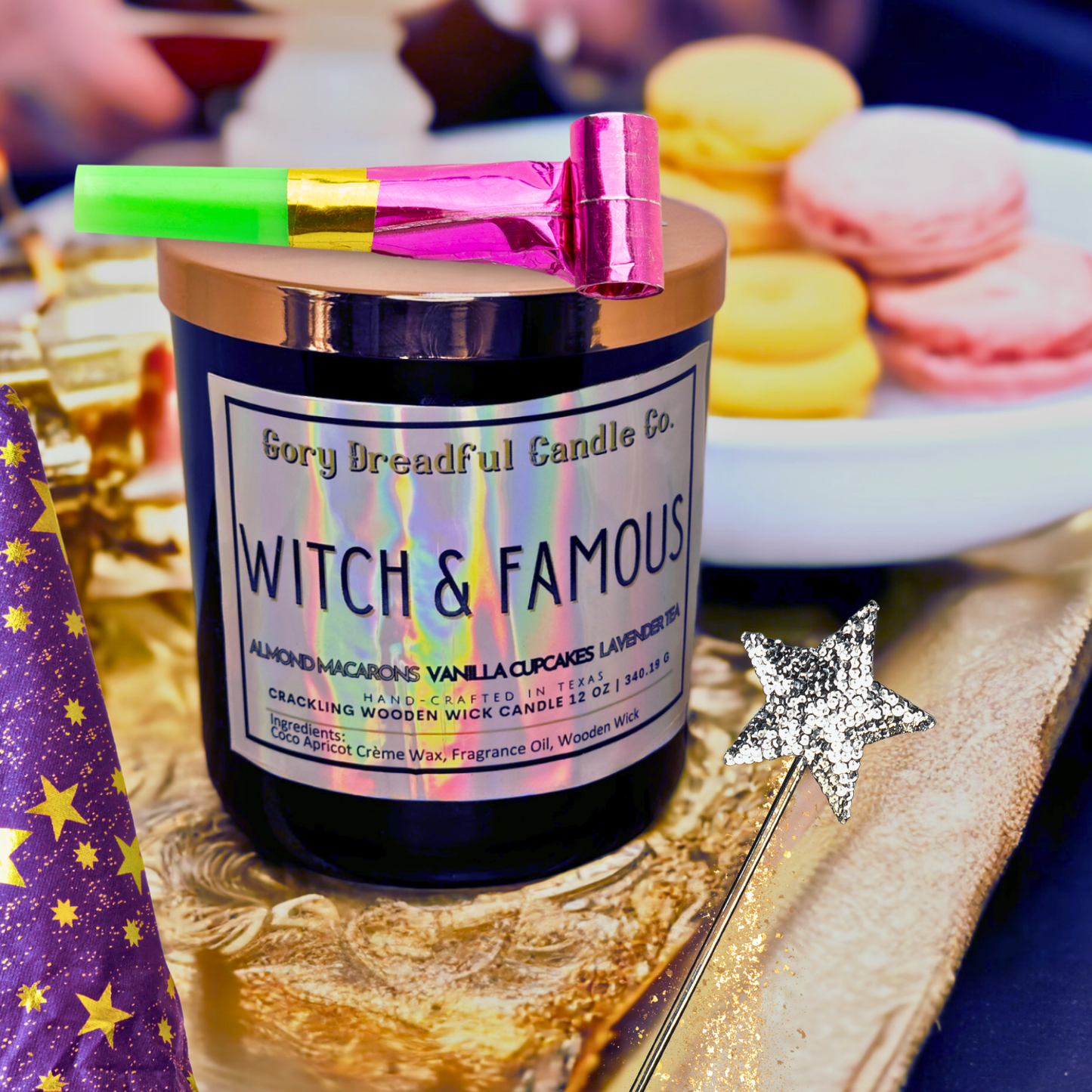Witch & Famous Crackling Wooden Wick Candle: Almond Macarons Vanilla Cake Lavender Tea Scent