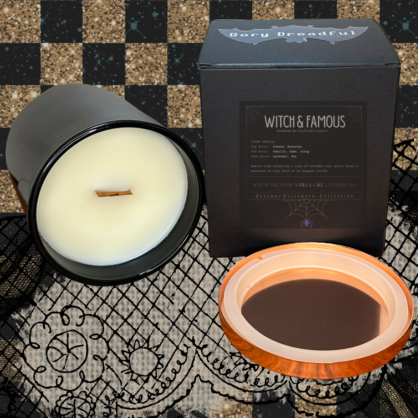 Witch & Famous Crackling Wooden Wick Candle: Almond Macarons Vanilla Cake Lavender Tea Scent