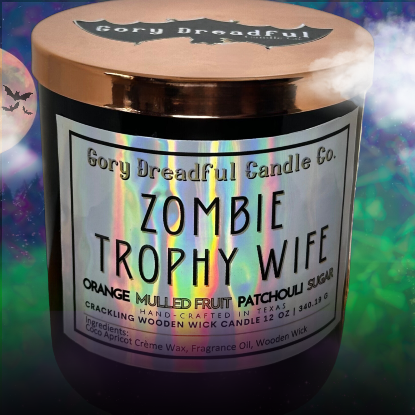 Zombie Trophy Wife Crackling Wooden Wick Candle: Orange Mulled Fruit Patchouli Sugar Scent