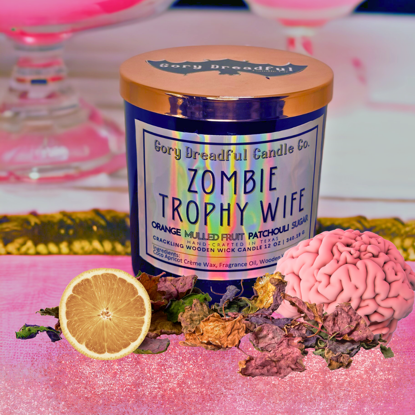 Zombie Trophy Wife Crackling Wooden Wick Candle: Orange Mulled Fruit Patchouli Sugar Scent