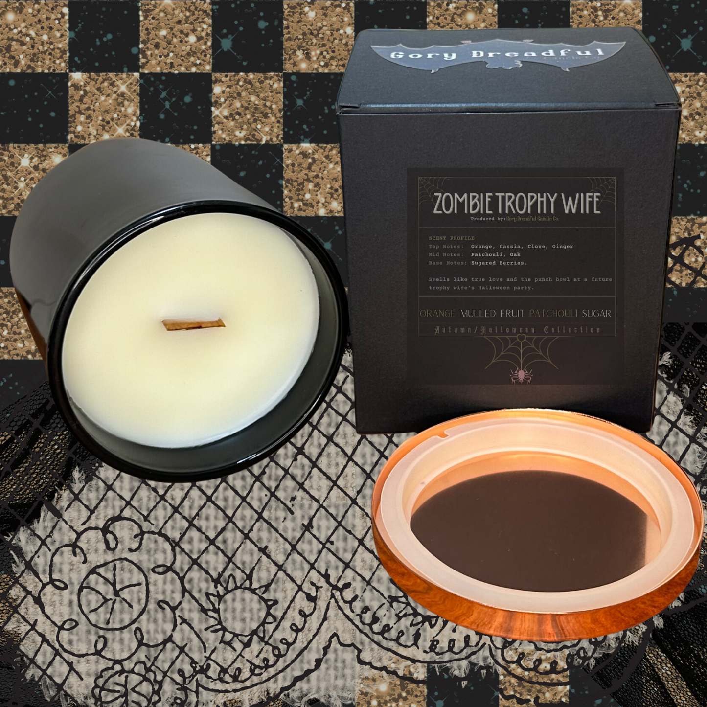 Zombie Trophy Wife Crackling Wooden Wick Candle: Orange Mulled Fruit Patchouli Sugar Scent