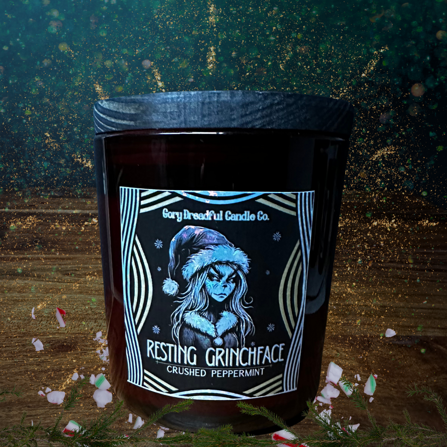Resting Grinchface Luxury Crackling Wooden Wick Candle: Crushed Peppermint Scent