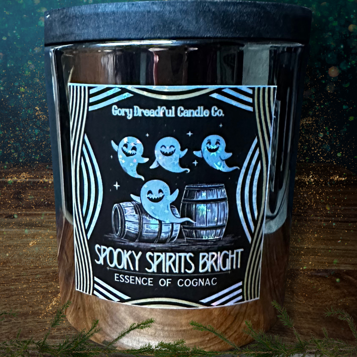 Spooky Spirits Bright Crackling Wooden Wick Candle: Essence of Cognac Scent: Essence of Cognac Scent