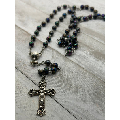 Vintage Black Iridescent Glass Bead Rosary, Catholic Prayer Beads, Silvertone Crucifix