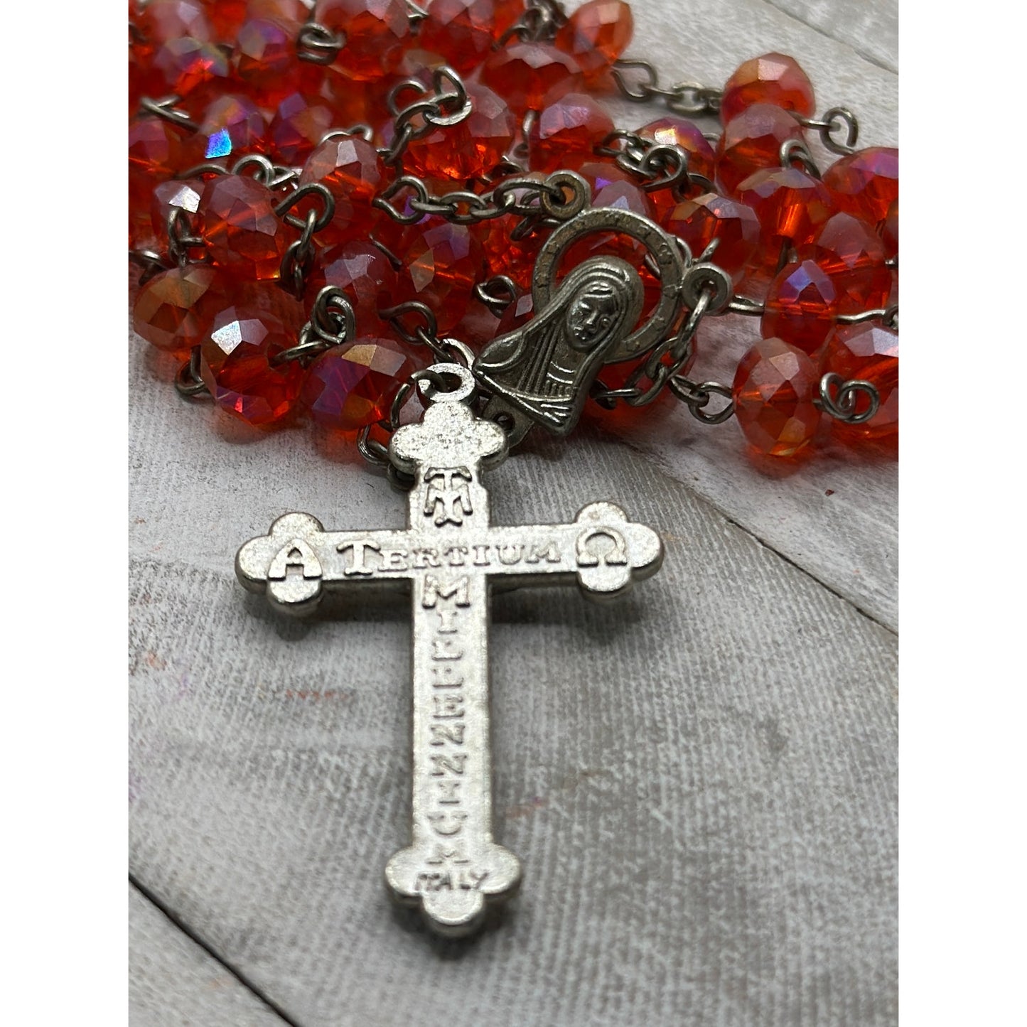 Vintage Italian Glass Bead Rosary, Italy Catholic Prayer Beads, Silver Crucifix