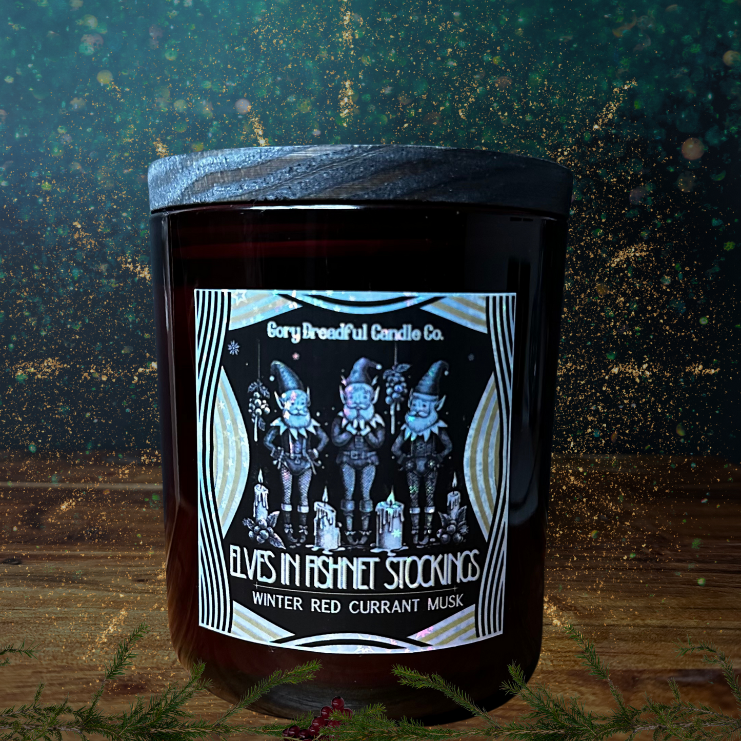 Elves in Fishnet Stockings Luxury Crackling Wooden Wick Candle: Winter Red Currant Musk