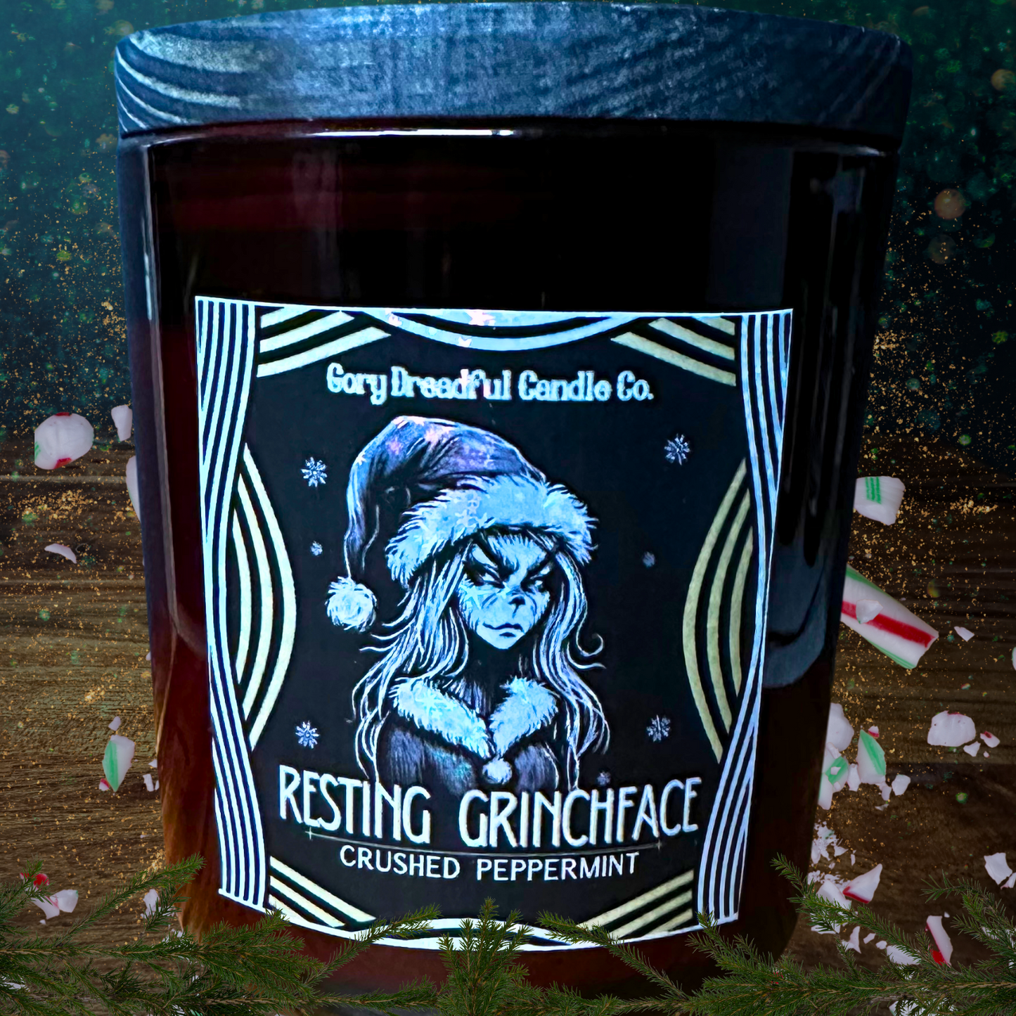 Resting Grinchface Luxury Crackling Wooden Wick Candle: Crushed Peppermint Scent