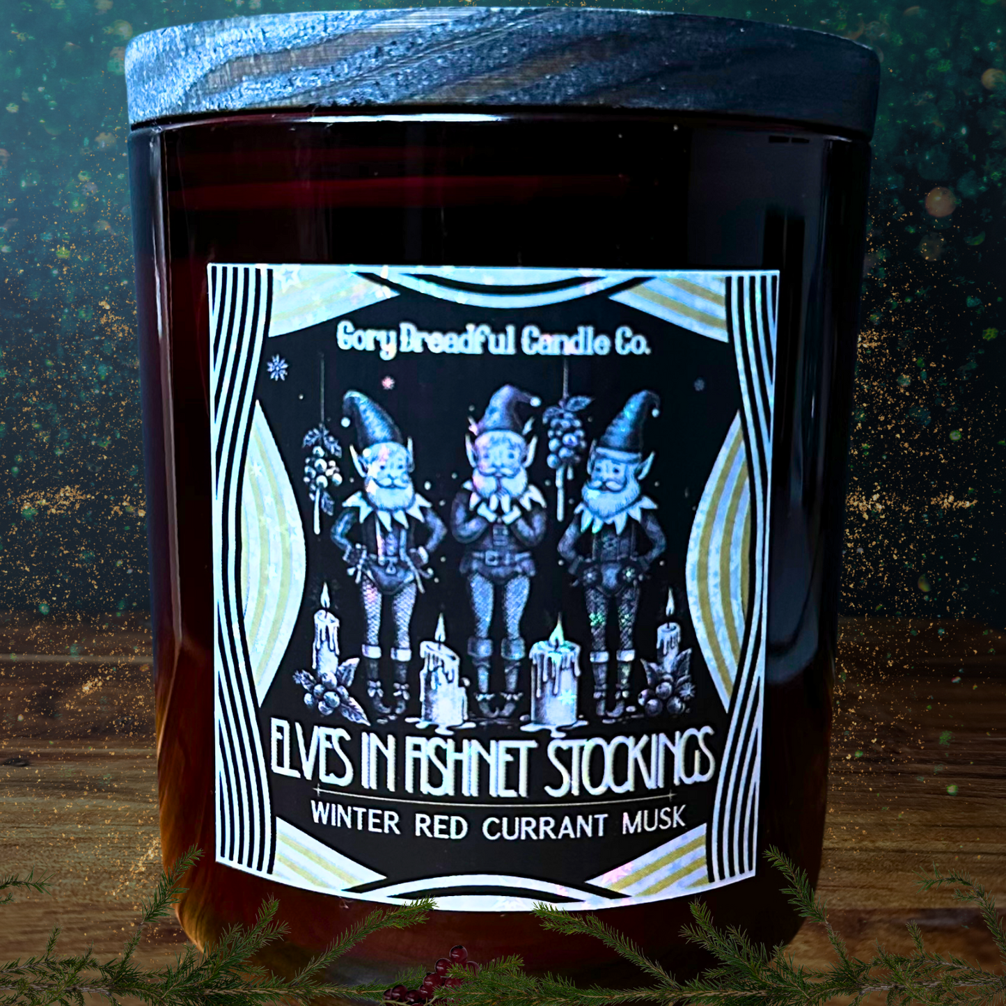 Elves in Fishnet Stockings Luxury Crackling Wooden Wick Candle: Winter Red Currant Musk