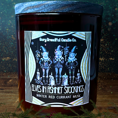 Elves in Fishnet Stockings Luxury Crackling Wooden Wick Candle: Winter Red Currant Musk