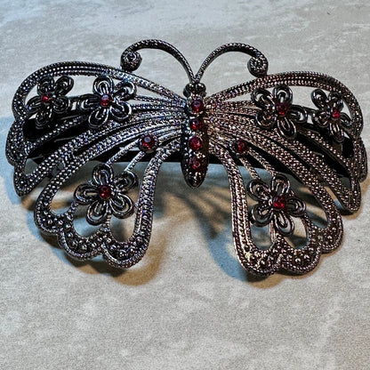 Vintage Ornate Filigree Butterfly Jeweled Metal Hair Clip Barrette