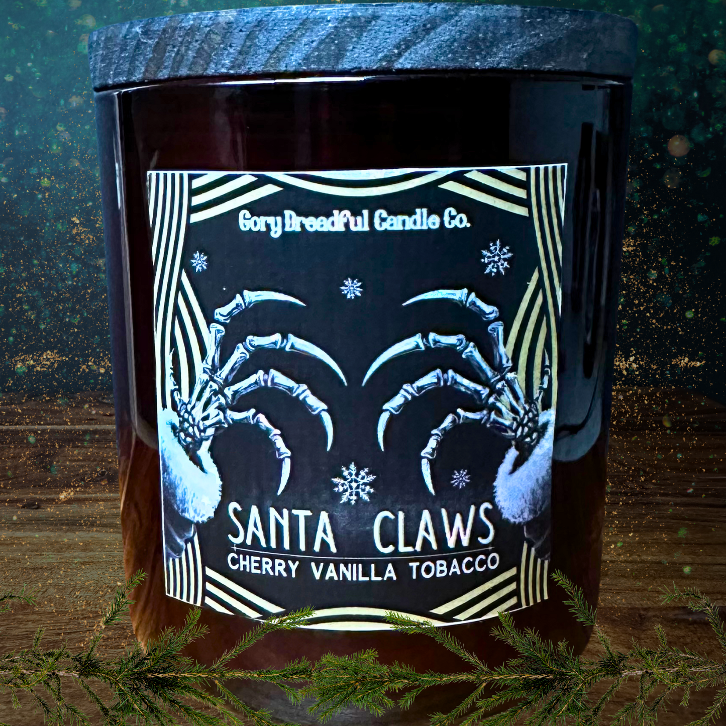Santa Claws Luxury Crackling Wooden Wick Candle: Cherry Vanilla Tobacco Scent