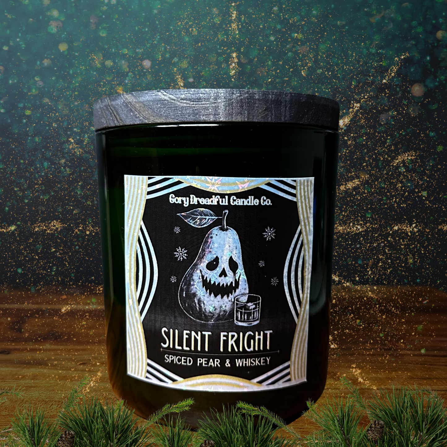 Silent Fright Luxury Crackling Wooden Wick Candle: Spiced Pear & Whiskey Scent