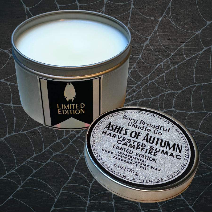 Ashes of Autumn Wickless Candle Tin:  Harvested Sumac Campfire Scent - Limited Edition
