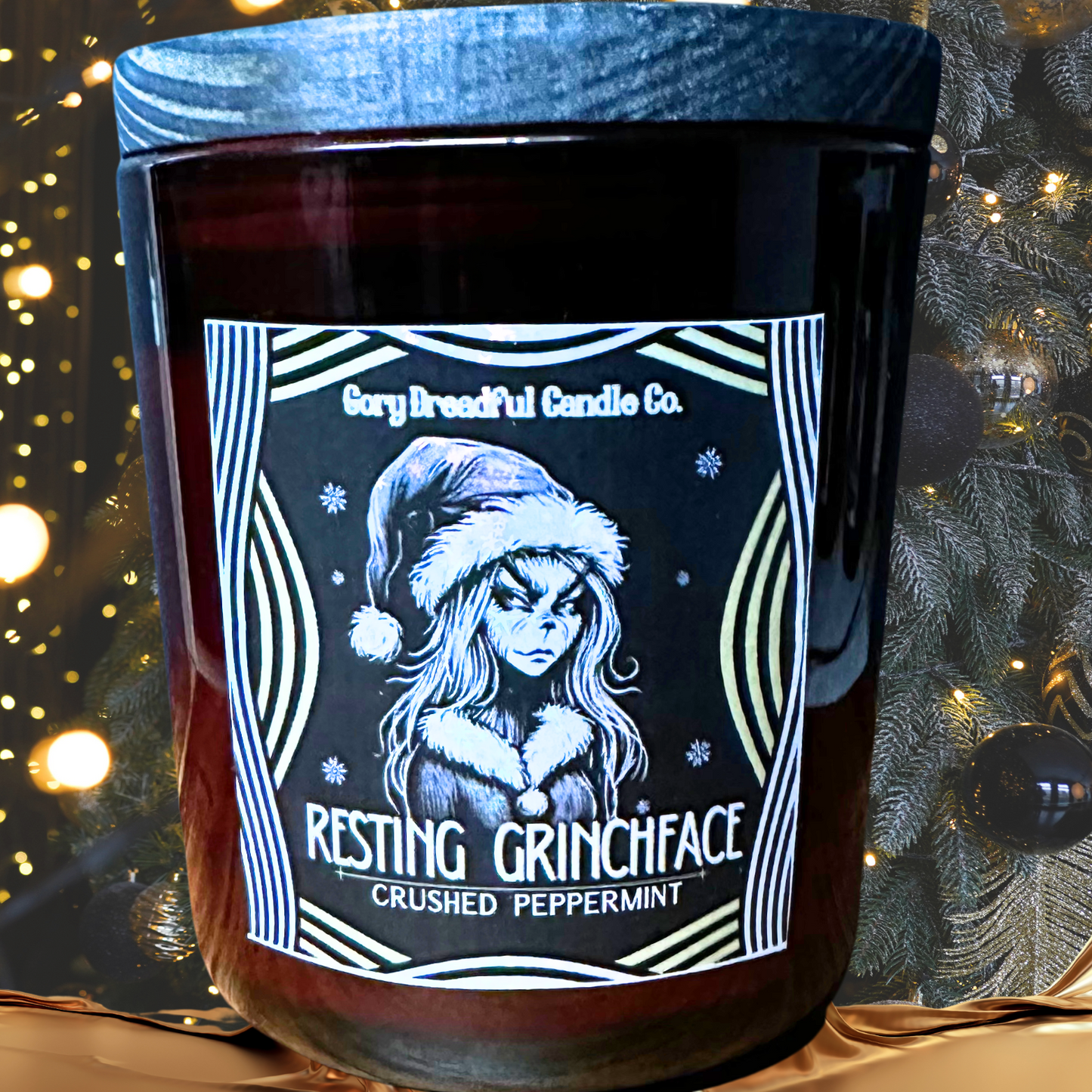 Resting Grinchface Luxury Crackling Wooden Wick Candle: Crushed Peppermint Scent