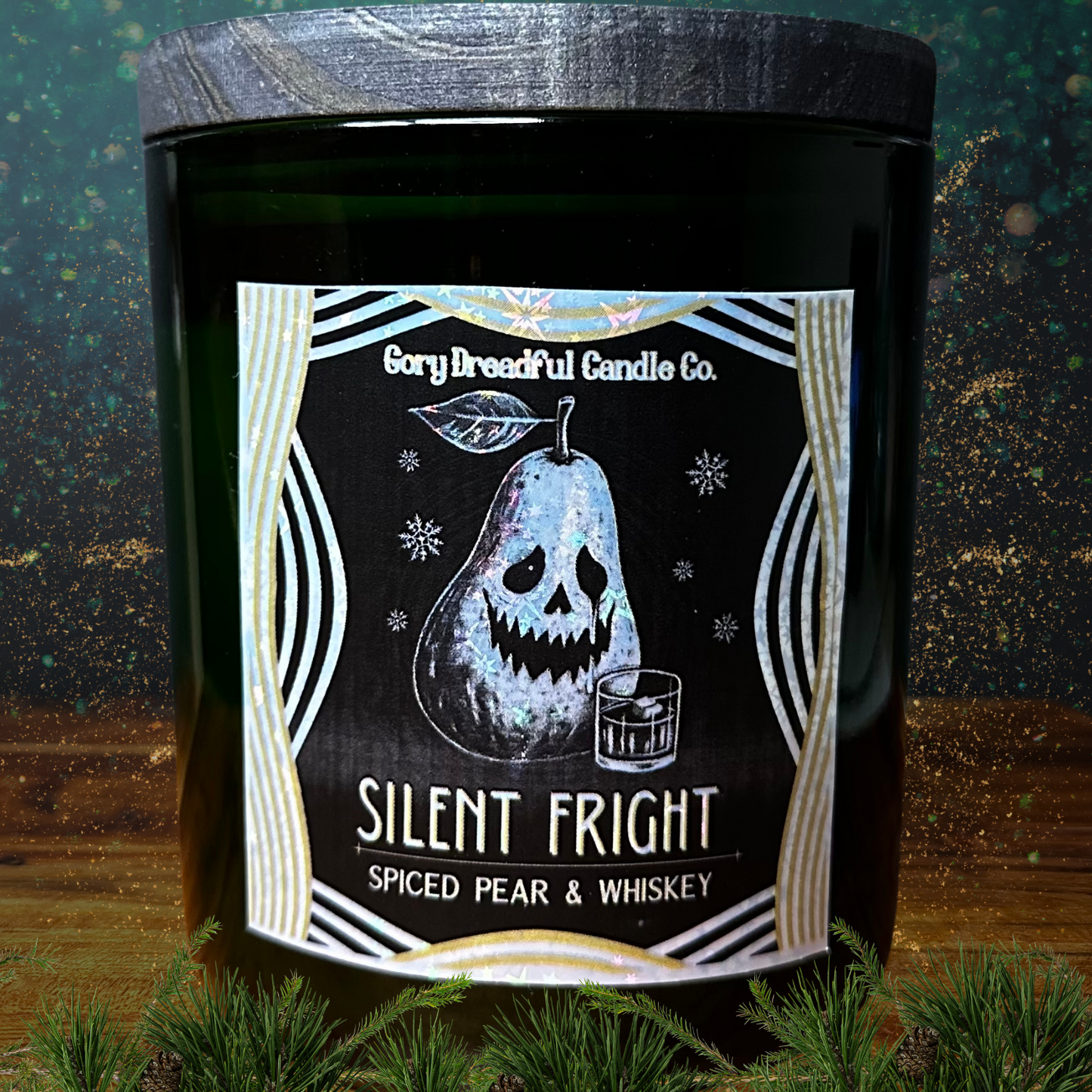 Silent Fright Luxury Crackling Wooden Wick Candle: Spiced Pear & Whiskey Scent