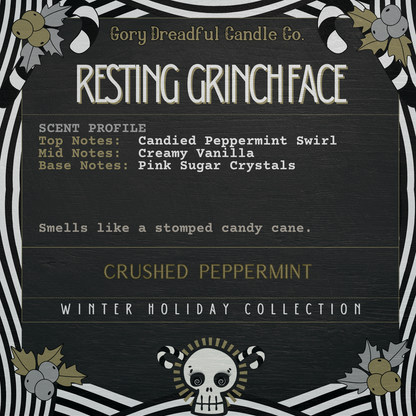 Resting Grinchface Luxury Crackling Wooden Wick Candle Tin: Crushed Peppermint Scent