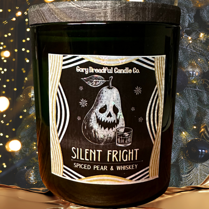 Silent Fright Luxury Crackling Wooden Wick Candle: Spiced Pear & Whiskey Scent