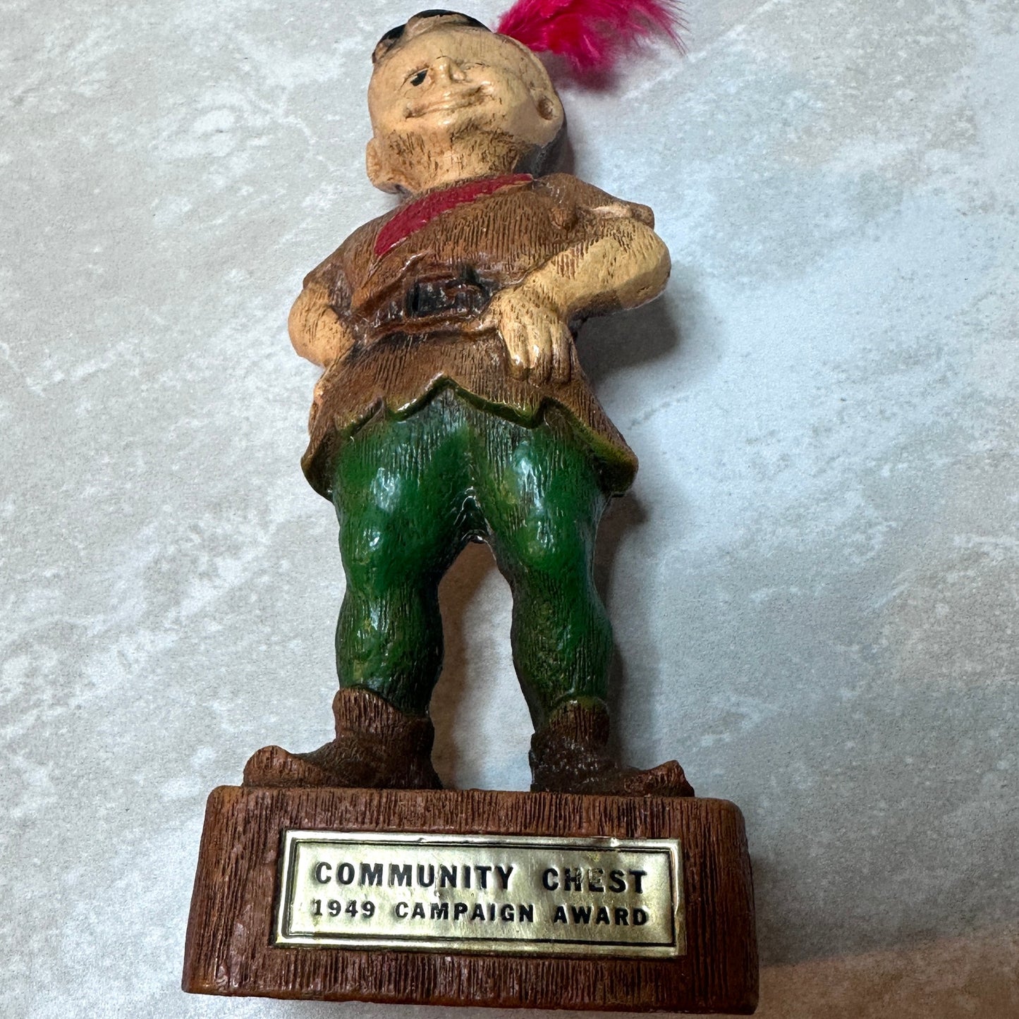1946-49 Vintage Peter Pan with red feather Community Chest award trophy figurine