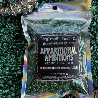 A package of 'Apparitional Ambitions' scented salt crystals by Gory Dreadful Candle Co. with holographic packaging, designed for use as potpourri.