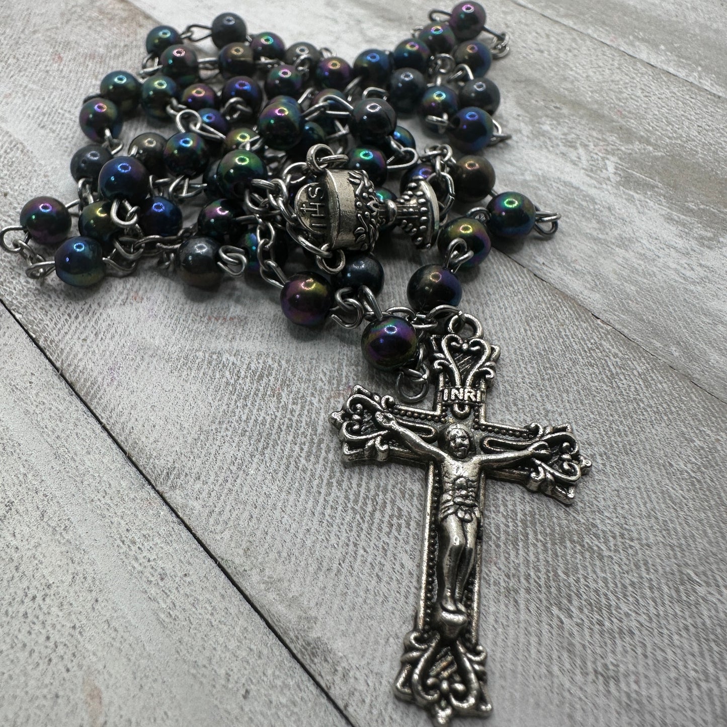 Vintage Black Iridescent Glass Bead Rosary, Catholic Prayer Beads, Silvertone Crucifix