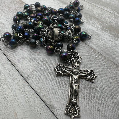Vintage Black Iridescent Glass Bead Rosary, Catholic Prayer Beads, Silvertone Crucifix