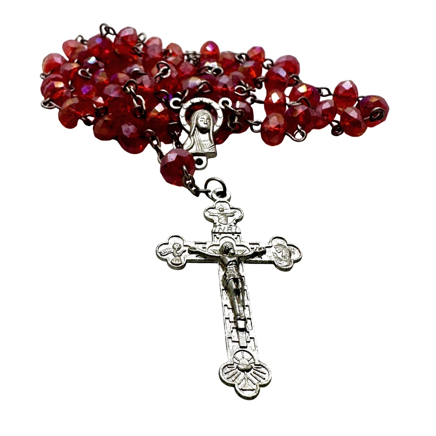 Vintage Italian Glass Bead Rosary, Italy Catholic Prayer Beads, Silver Crucifix