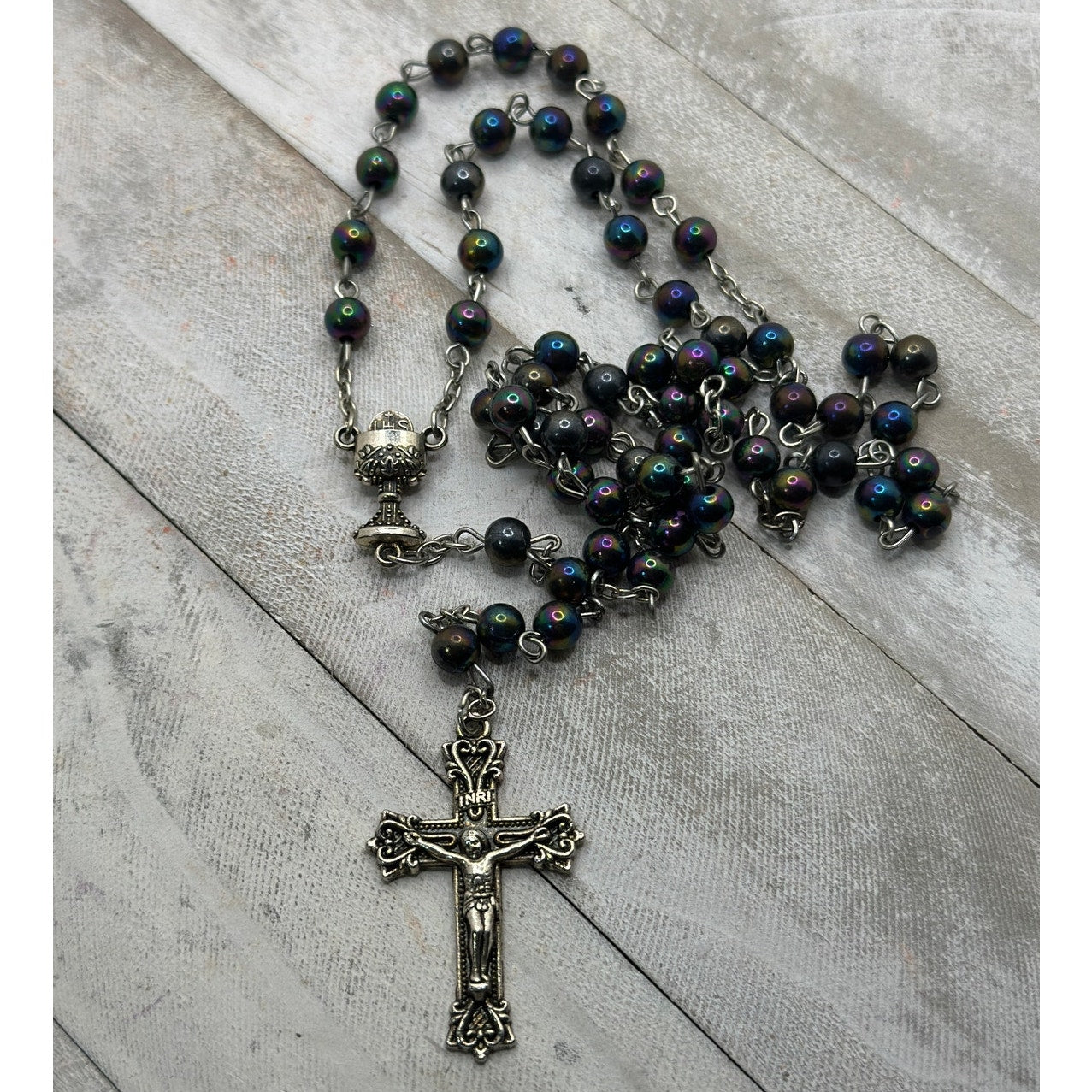 Vintage Black Iridescent Glass Bead Rosary, Catholic Prayer Beads, Silvertone Crucifix