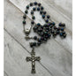 Vintage Black Iridescent Glass Bead Rosary, Catholic Prayer Beads, Silvertone Crucifix