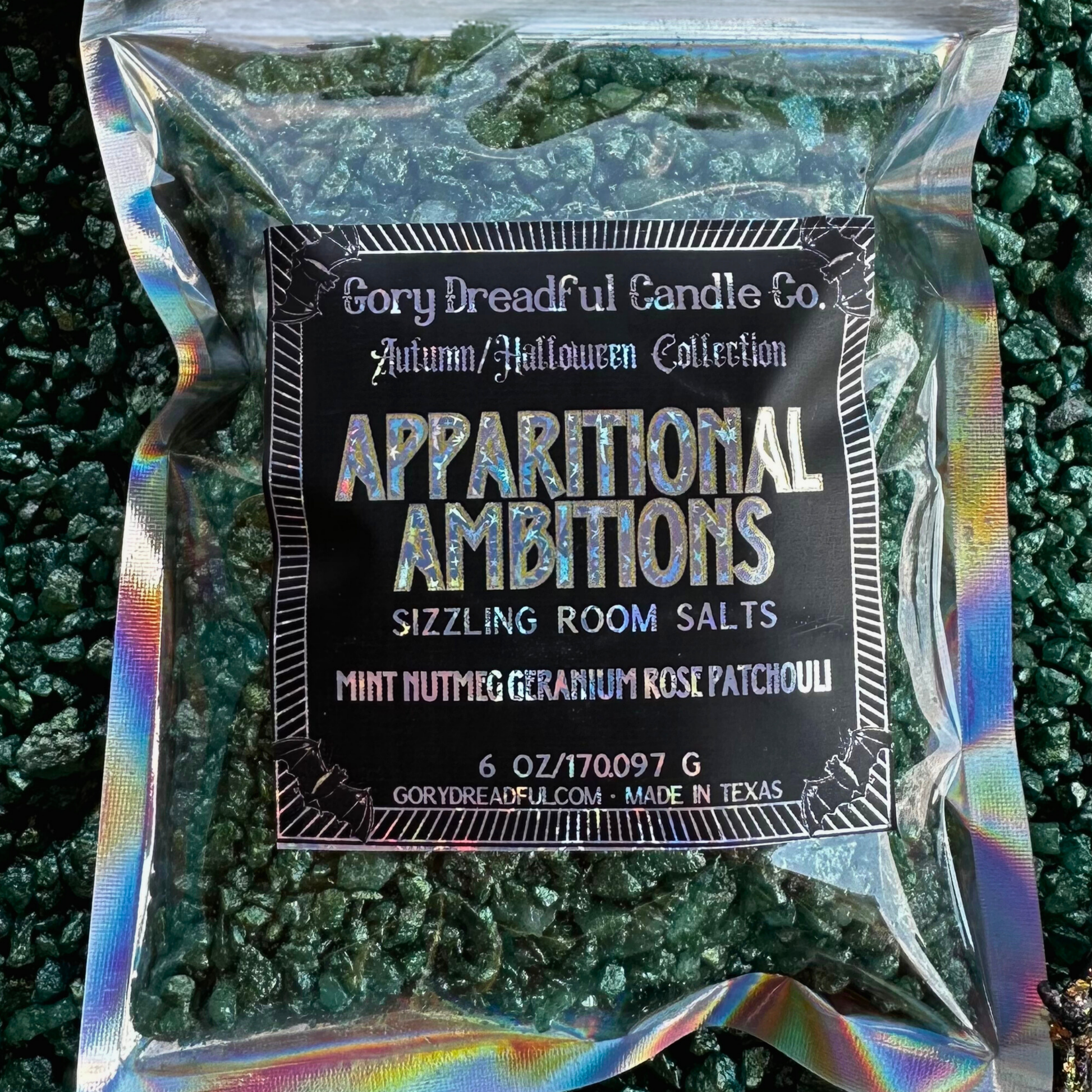 APPARITIONAL AMBITIONS Sizzling Room Salt Crystal Potpourri: Mint Nutmeg Geranium Rose Patchouli Scent - Gory Dreadful Candle Co