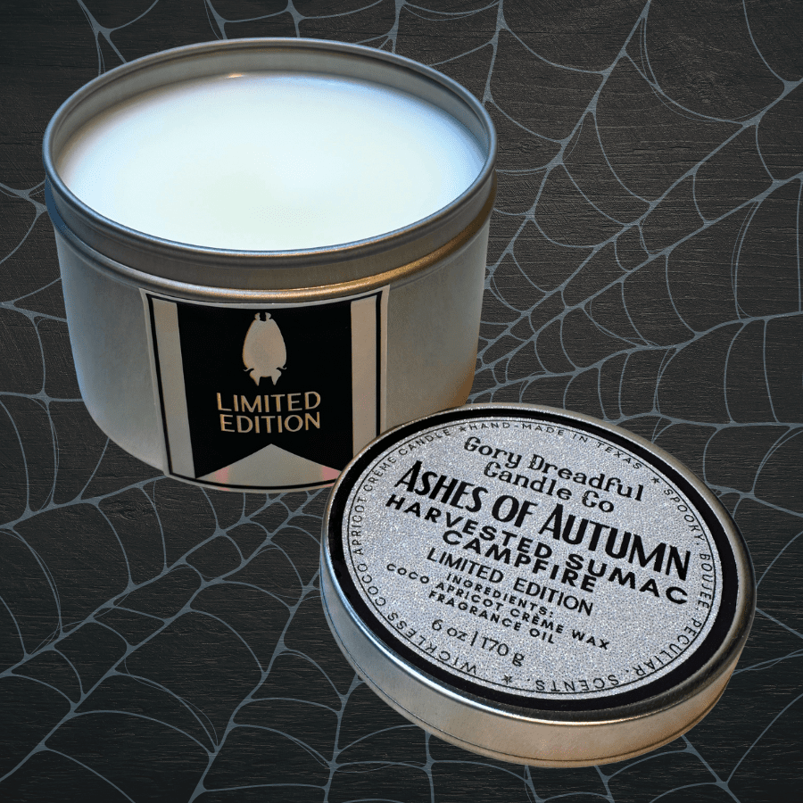 ASHES OF AUTUMN Wickless Candle Tin: Harvested Sumac Campfire Scent - Limited Edition - Gory Dreadful Candle Co