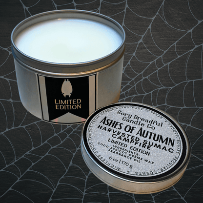 ASHES OF AUTUMN Wickless Candle Tin: Harvested Sumac Campfire Scent - Limited Edition - Gory Dreadful Candle Co