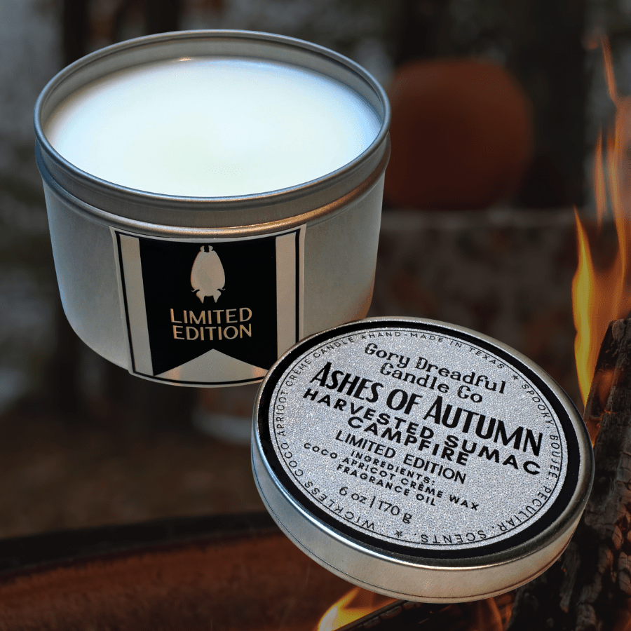 ASHES OF AUTUMN Wickless Candle Tin: Harvested Sumac Campfire Scent - Limited Edition - Gory Dreadful Candle Co