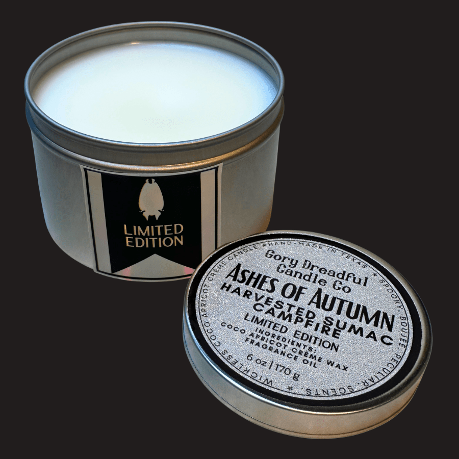 ASHES OF AUTUMN Wickless Candle Tin: Harvested Sumac Campfire Scent - Limited Edition - Gory Dreadful Candle Co