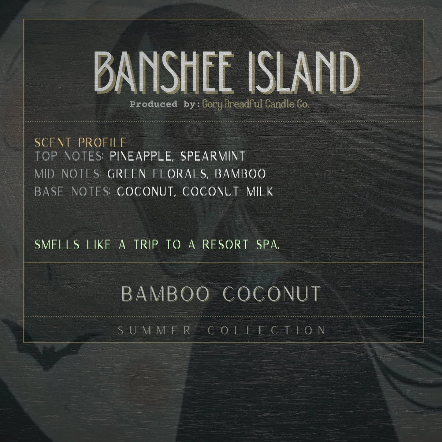 BANSHEE ISLAND Luxury Wickless Candle 6.5 oz: Bamboo & Coconut Scent - Gory Dreadful Candle Co