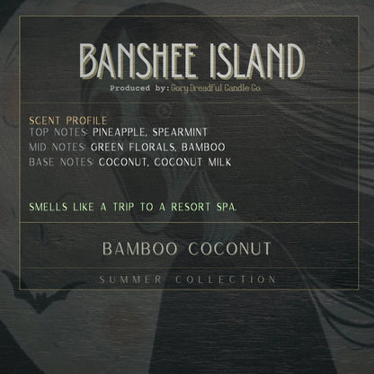 BANSHEE ISLAND Luxury Wickless Candle 6.5 oz: Bamboo & Coconut Scent - Gory Dreadful Candle Co