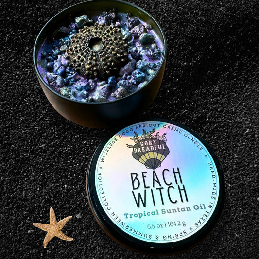 BEACH WITCH Luxury Wickless Candle 6.5 oz: Nostalgic Tropic Suntan Oil Scent - Gory Dreadful Candle Co