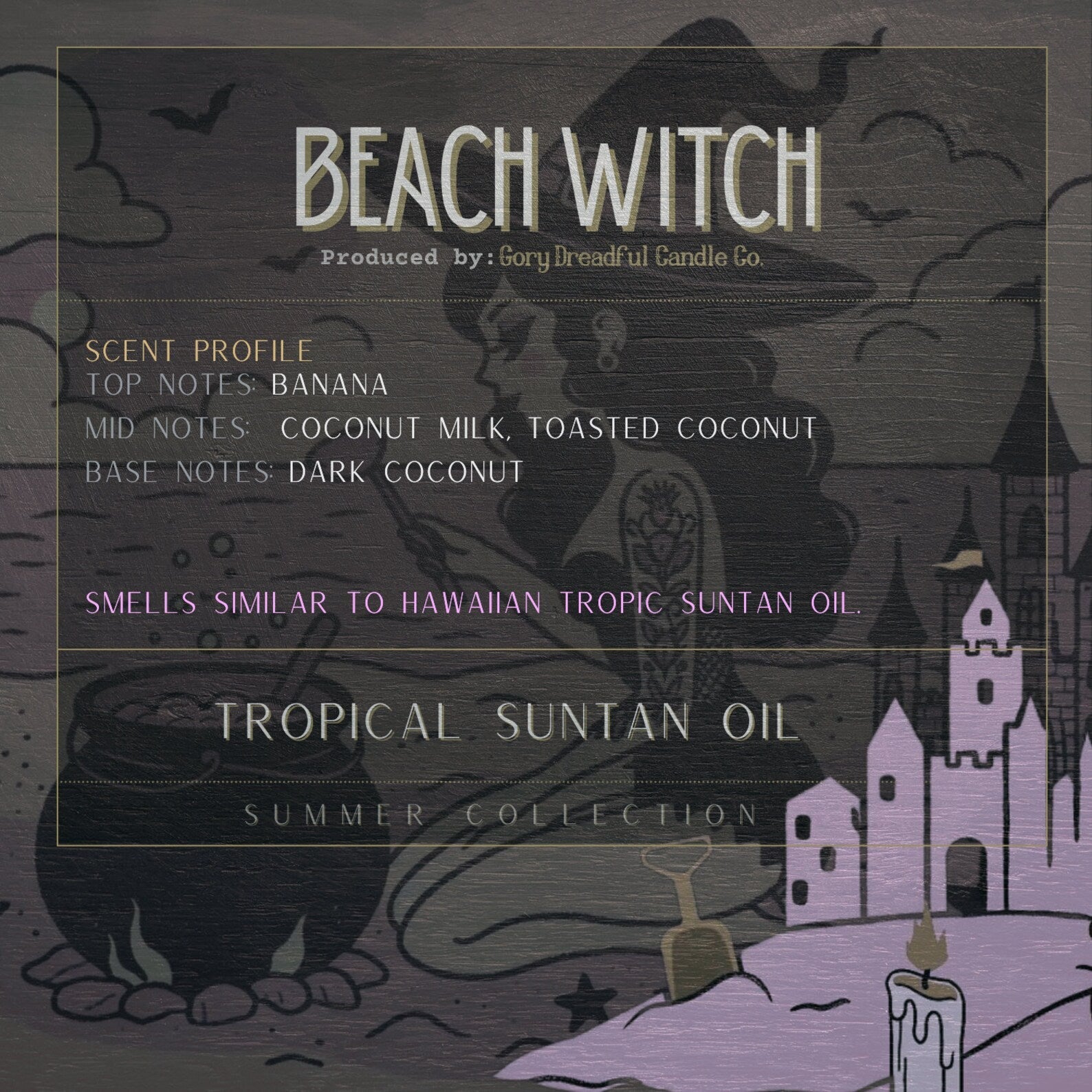 BEACH WITCH Luxury Wickless Candle 6.5 oz: Nostalgic Tropic Suntan Oil Scent - Gory Dreadful Candle Co