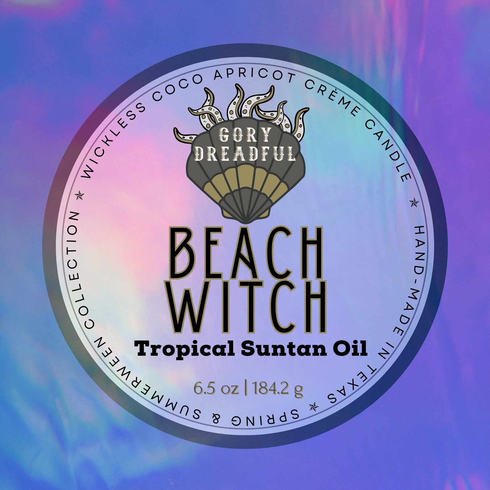 BEACH WITCH Luxury Wickless Candle 6.5 oz: Nostalgic Tropic Suntan Oil Scent - Gory Dreadful Candle Co