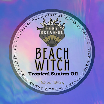 BEACH WITCH Luxury Wickless Candle 6.5 oz: Nostalgic Tropic Suntan Oil Scent - Gory Dreadful Candle Co