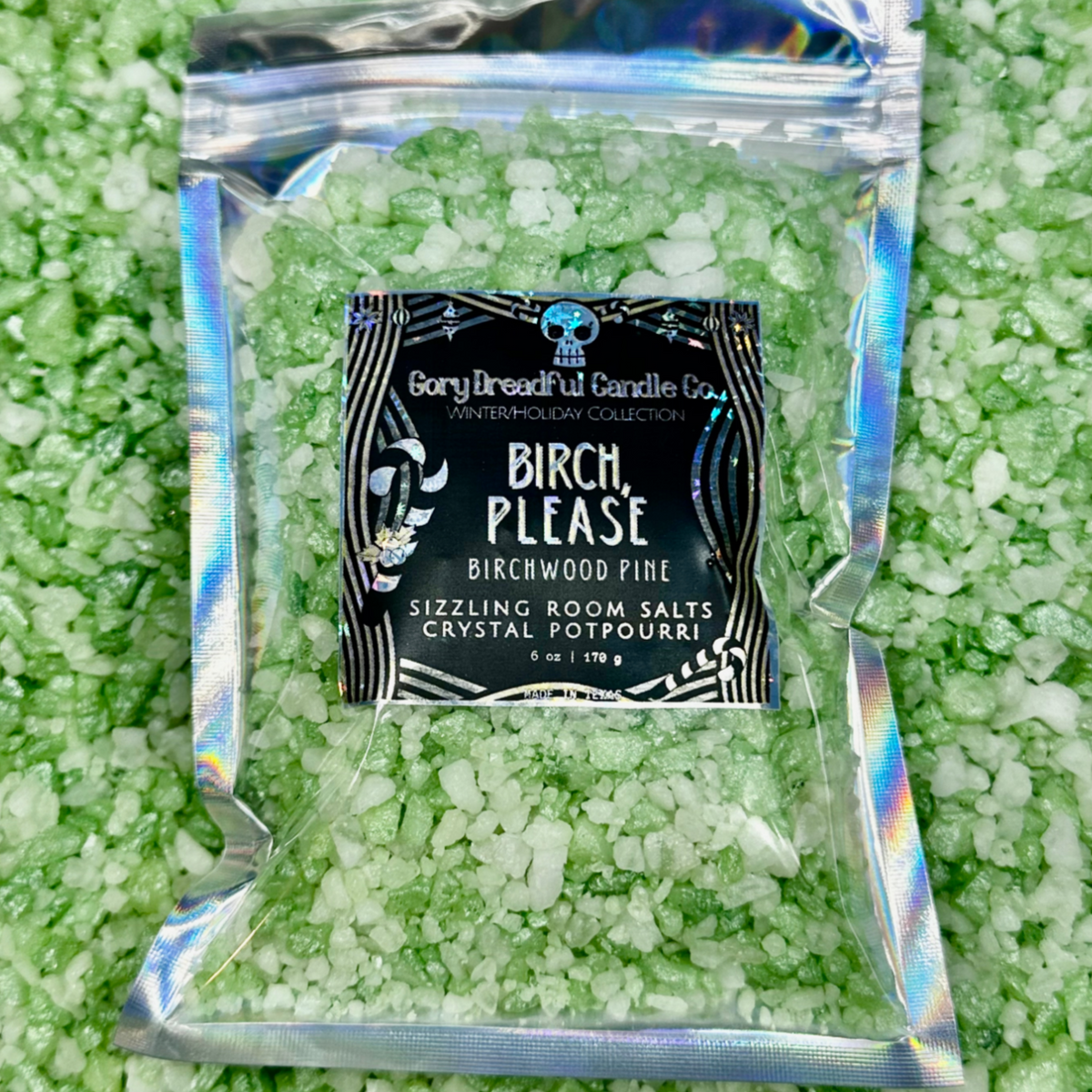 BIRCH, PLEASE! Sizzling Room Salt Crystal Potpourri: Birchwood Pine Scent - Gory Dreadful Candle Co