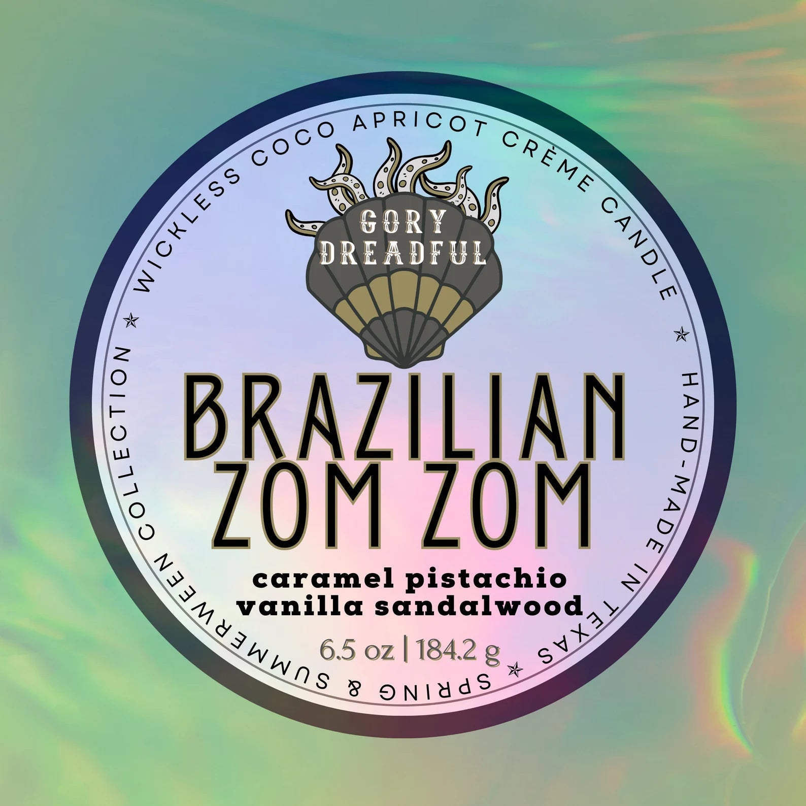 BRAZILIAN ZOM ZOM Luxury Wickless Candle 6.5 oz: Caramel Pistachio Vanilla Sandalwood Scent - Gory Dreadful Candle Co