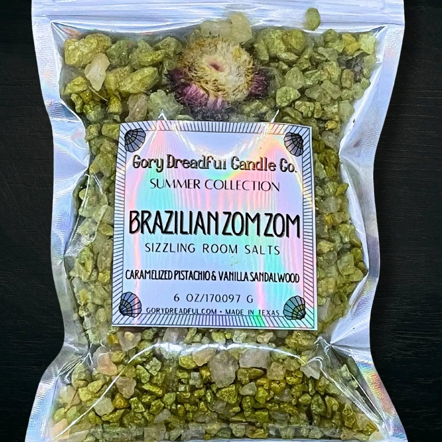 BRAZILIAN ZOM ZOM Sizzling Room Salt Crystal Potpourri: Caramel Pistachio Vanilla Sandalwood Scent - Gory Dreadful Candle Co
