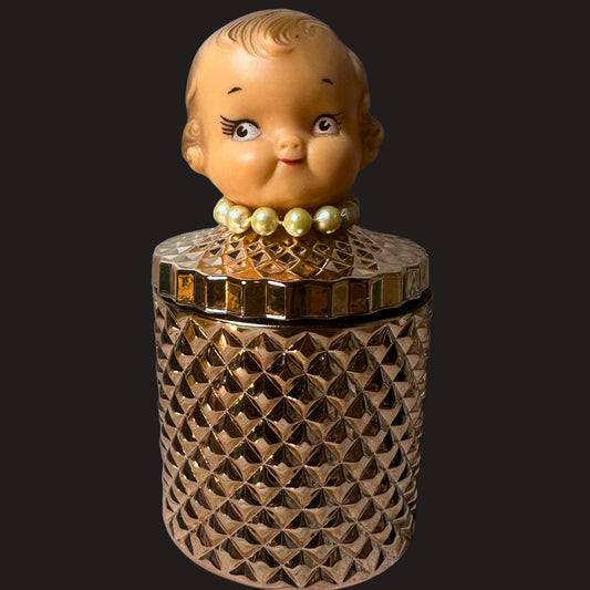 Vintage 50's Campbell Kewpie Doll Head Jar – Rose Gold Diamond Vanity Glass
