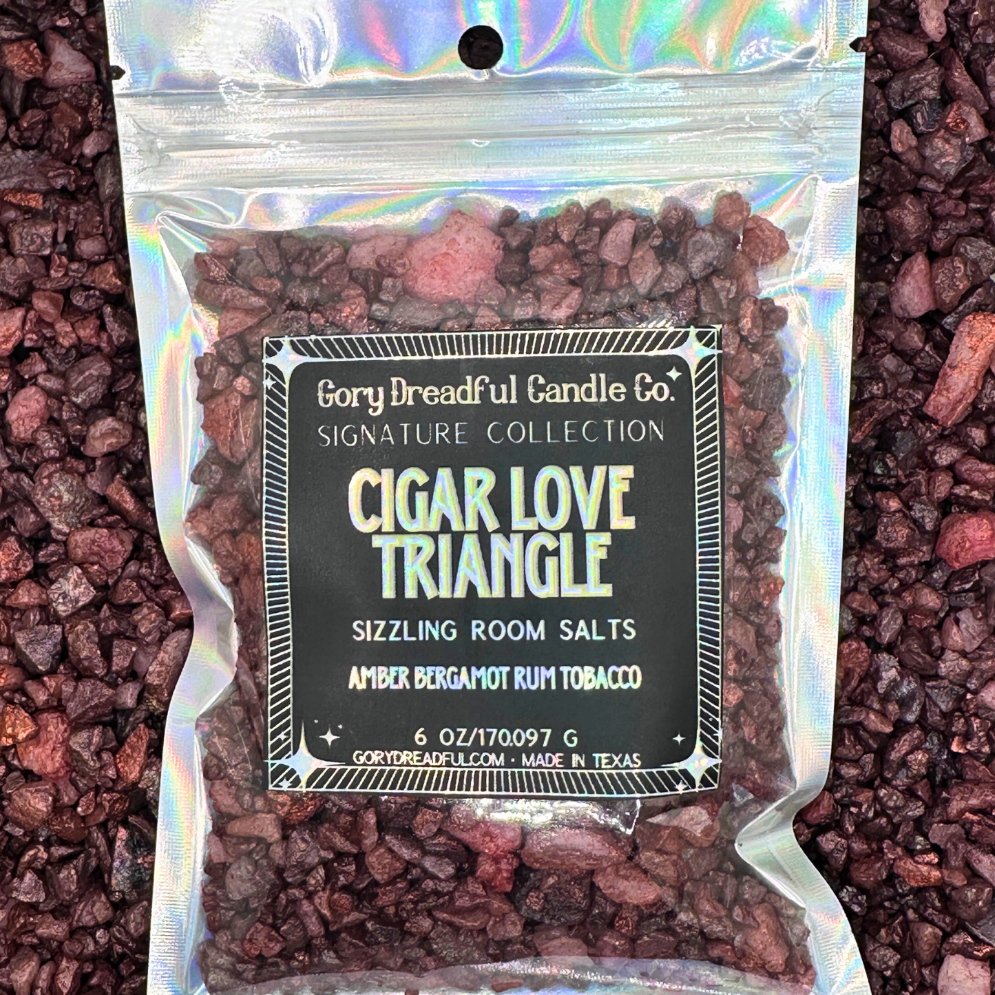 CIGAR LOVE TRIANGLE Sizzling Room Salt Crystal Potpourri: Amber Bergamot Rum Tobacco Scent - Gory Dreadful Candle Co