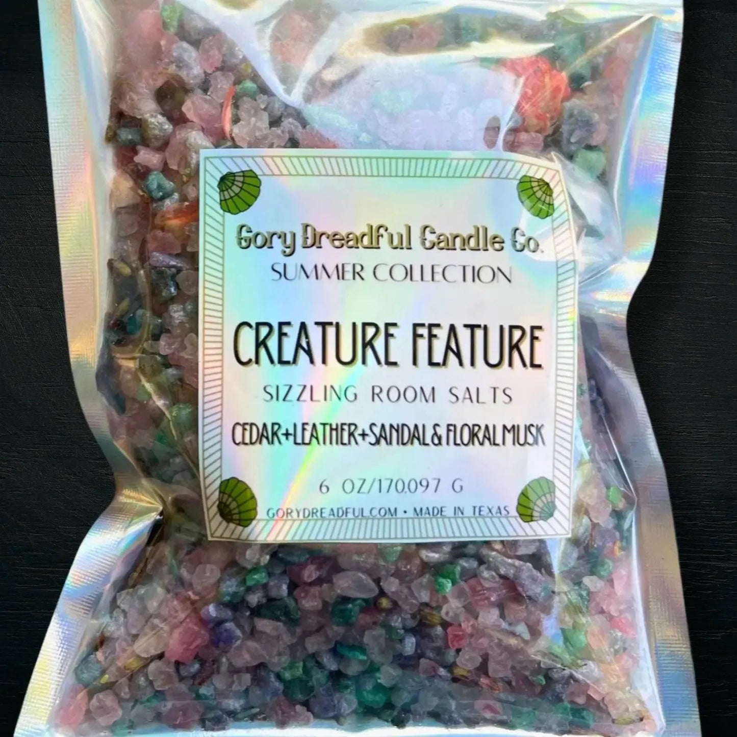 CREATURE FEATURE Sizzling Room Salt Crystal Potpourri: Cedar Leather Sandal Floral Musk Scent - Gory Dreadful Candle Co