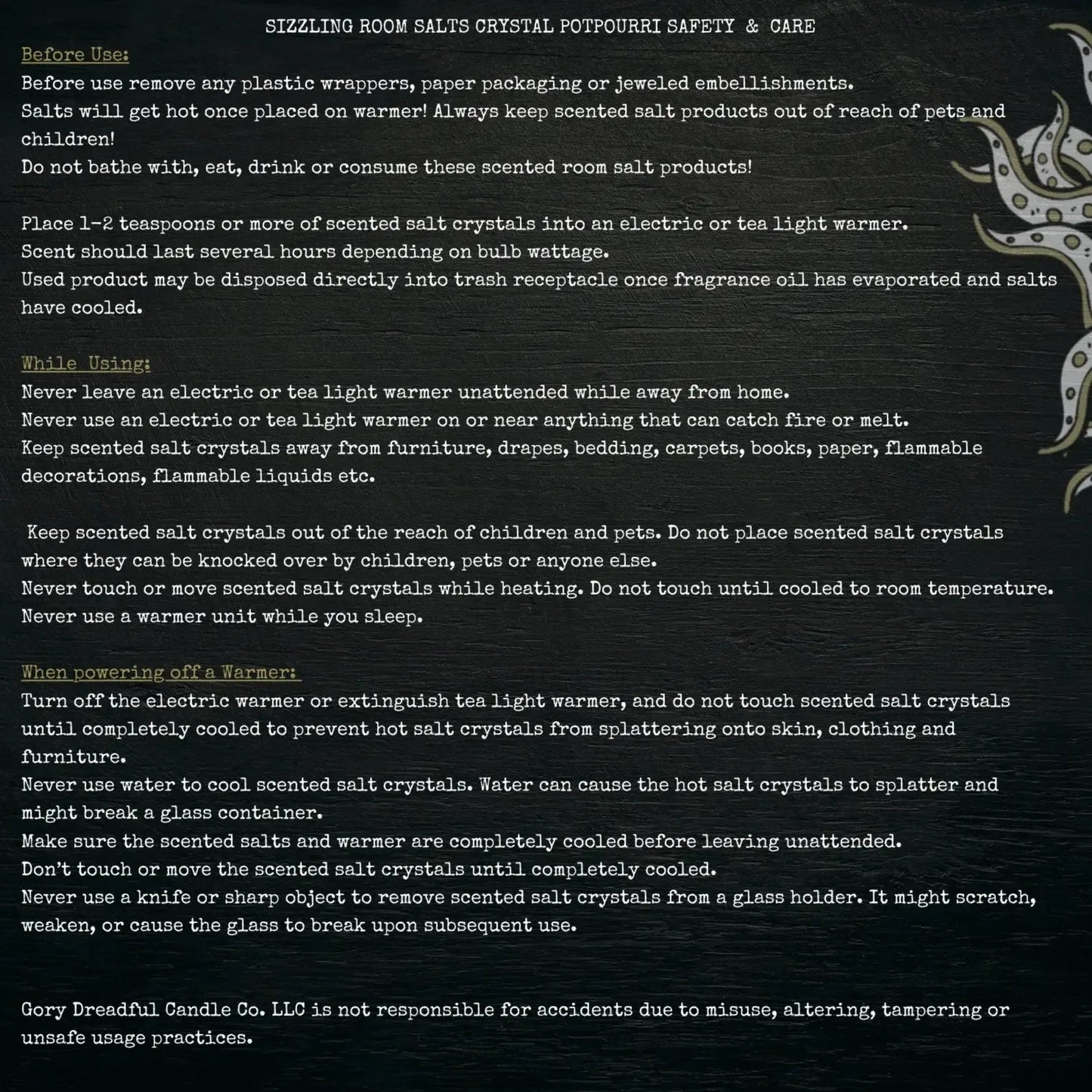 CREATURE FEATURE Sizzling Room Salt Crystal Potpourri: Cedar Leather Sandal Floral Musk Scent - Gory Dreadful Candle Co