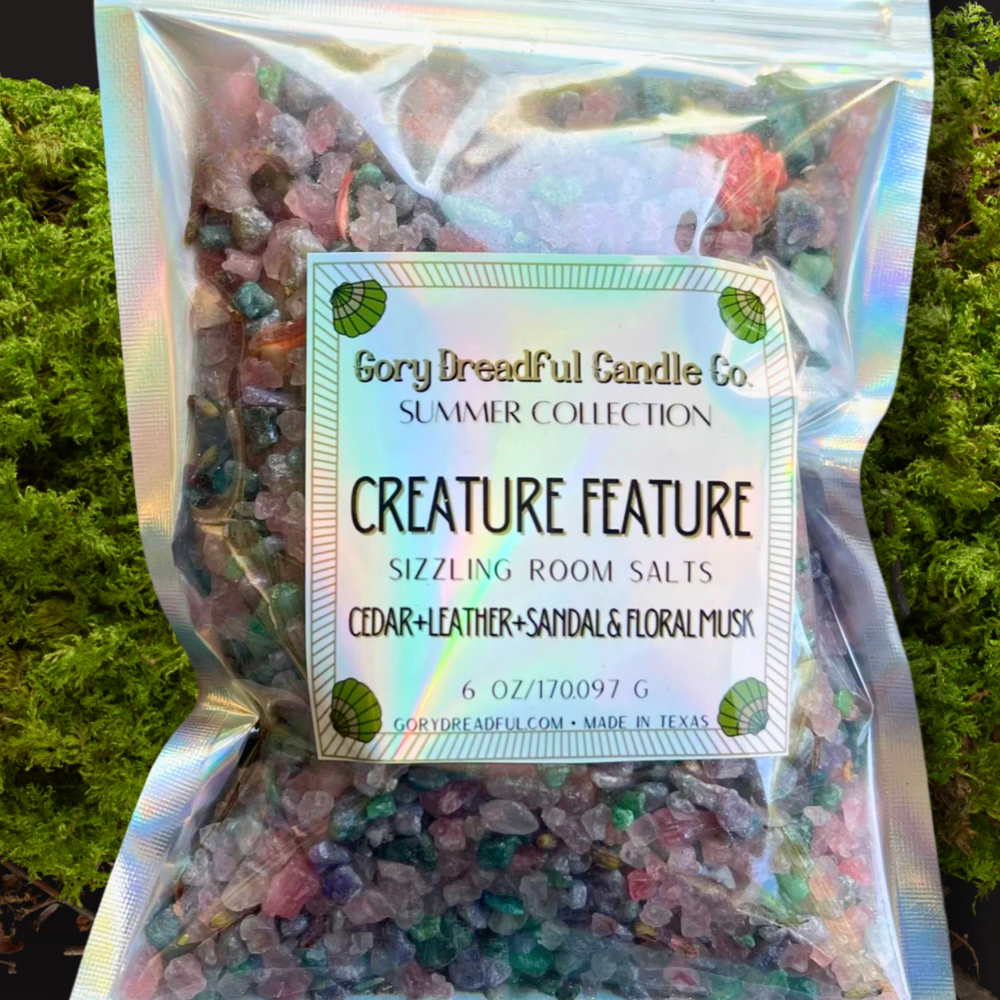 CREATURE FEATURE Sizzling Room Salt Crystal Potpourri: Cedar Leather Sandal Floral Musk Scent - Gory Dreadful Candle Co