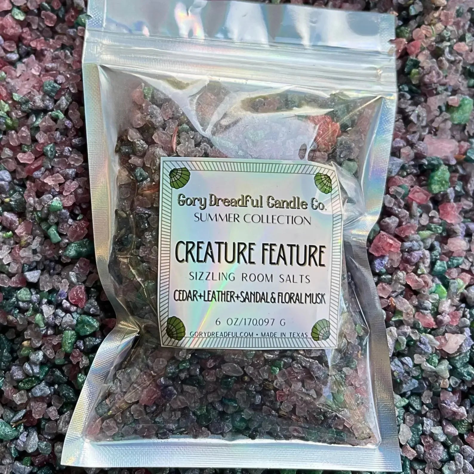 CREATURE FEATURE Sizzling Room Salt Crystal Potpourri: Cedar Leather Sandal Floral Musk Scent - Gory Dreadful Candle Co